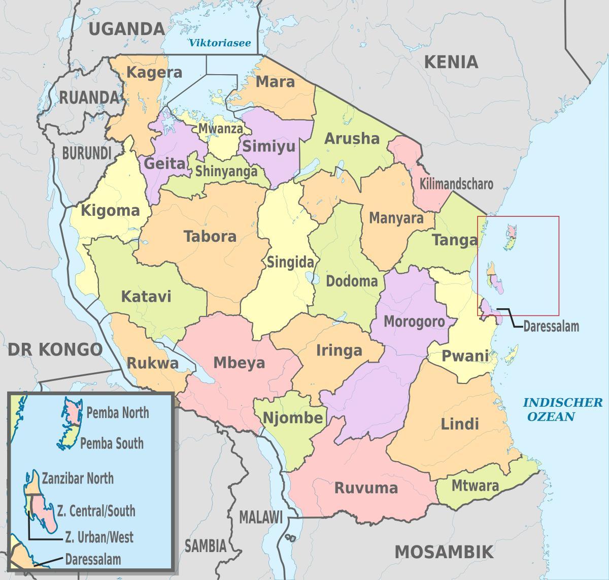 แผนที่ของแทนซาเนียแสดงดินแดนและ districts. kgm