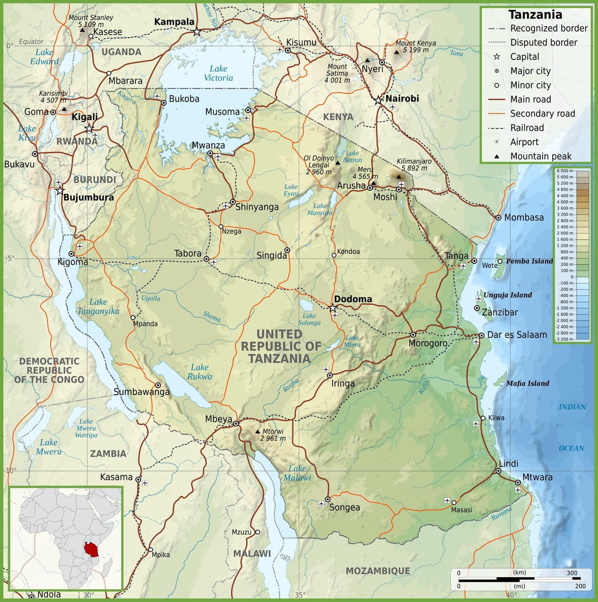 แผนที่ของถนนแทนซาเนียกับ distances