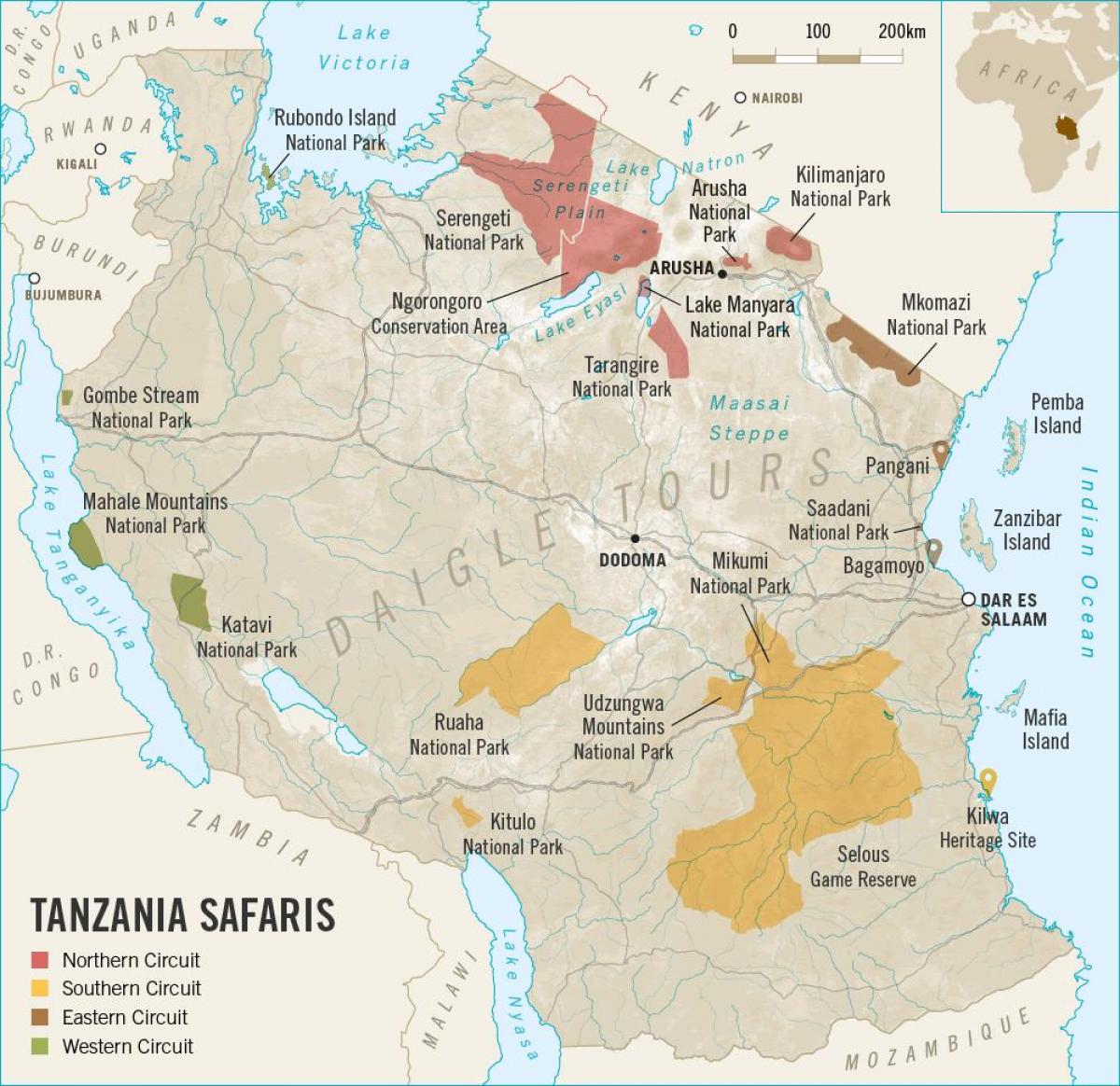 แผนที่ของแทนซาเนียท่องป่ากัน 